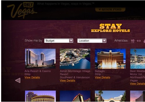 Explore Hotels concept showing a filterable browse grid sorted by budget and location, with hotel cards and view details links.