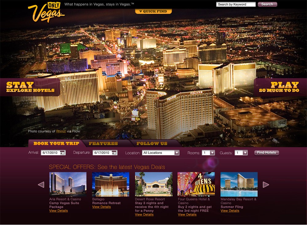 Only Vegas concept homepage showing an aerial night view of the Las Vegas Strip, a persistent Stay/Play navigation, a live booking bar for arrival, departure, rooms and guests, and a special offers carousel.