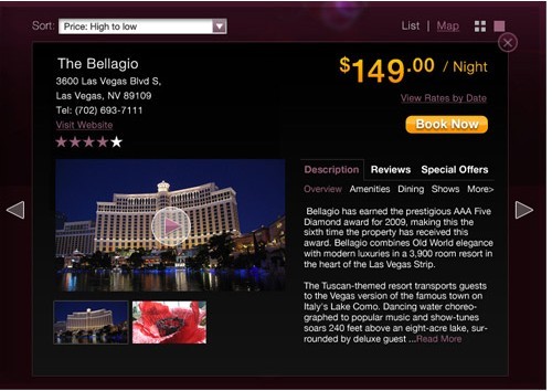 Hotel quick-view concept for the Bellagio showing nightly rate, star rating, description, reviews and special offers tabs, and a Book Now call to action.