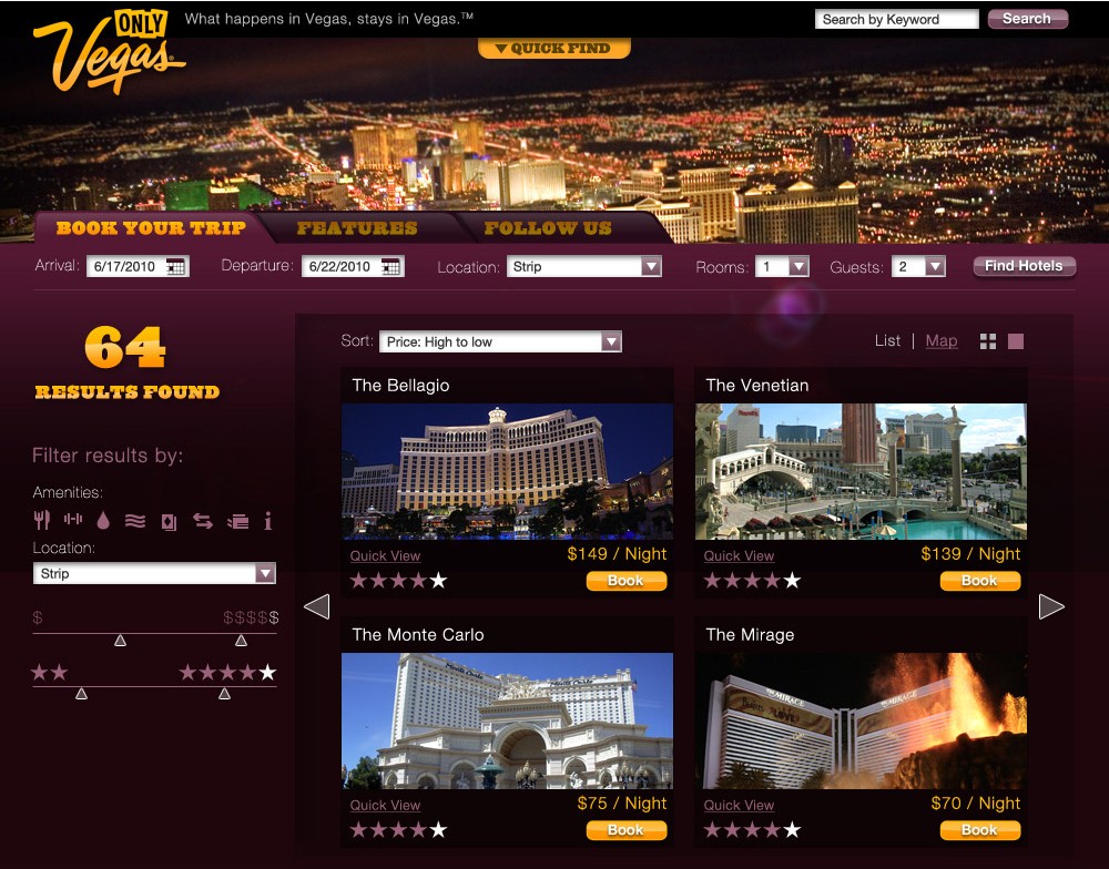 Hotel search results concept showing 64 results found, a filter sidebar for amenities, location, and price range, and a sortable grid of hotel cards with quick-view and book actions.