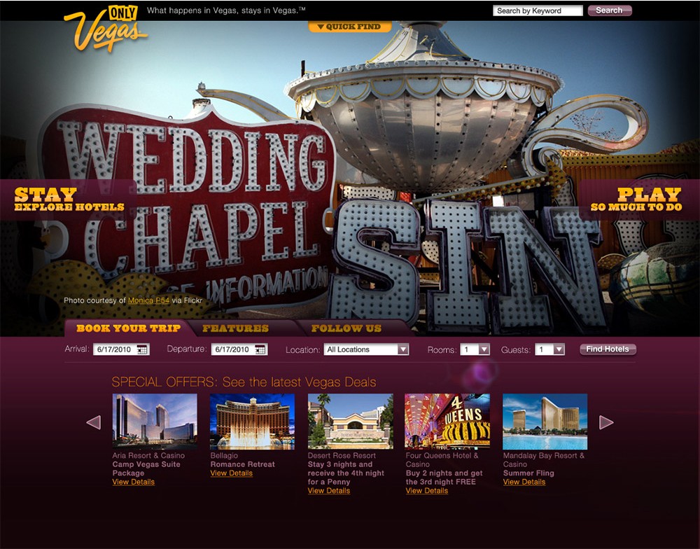 Wedding Chapel and Sin themed landing page concept using the iconic Las Vegas neon signage, with the Stay/Play navigation and special offers carousel still present below.