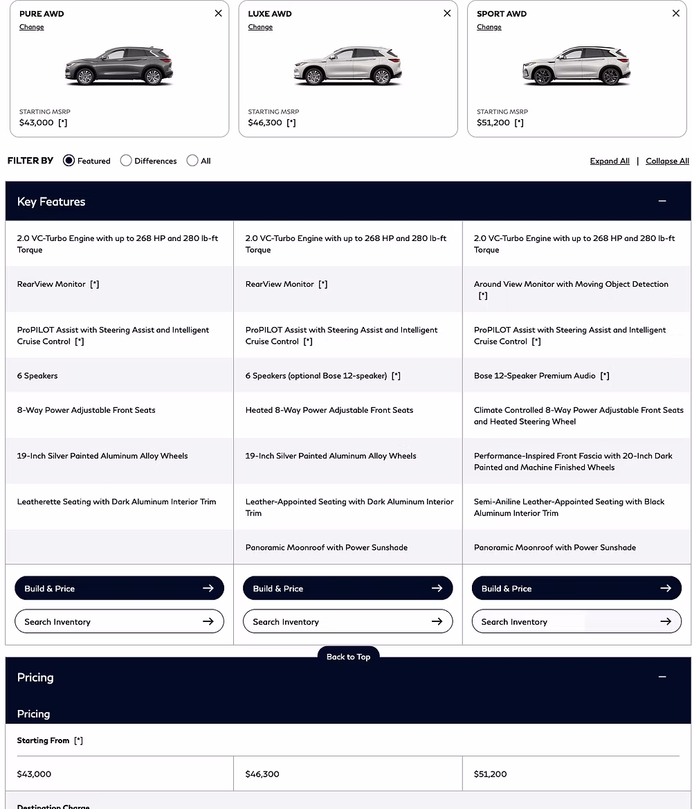 Infiniti Vehicle Listing Page, modular research experience