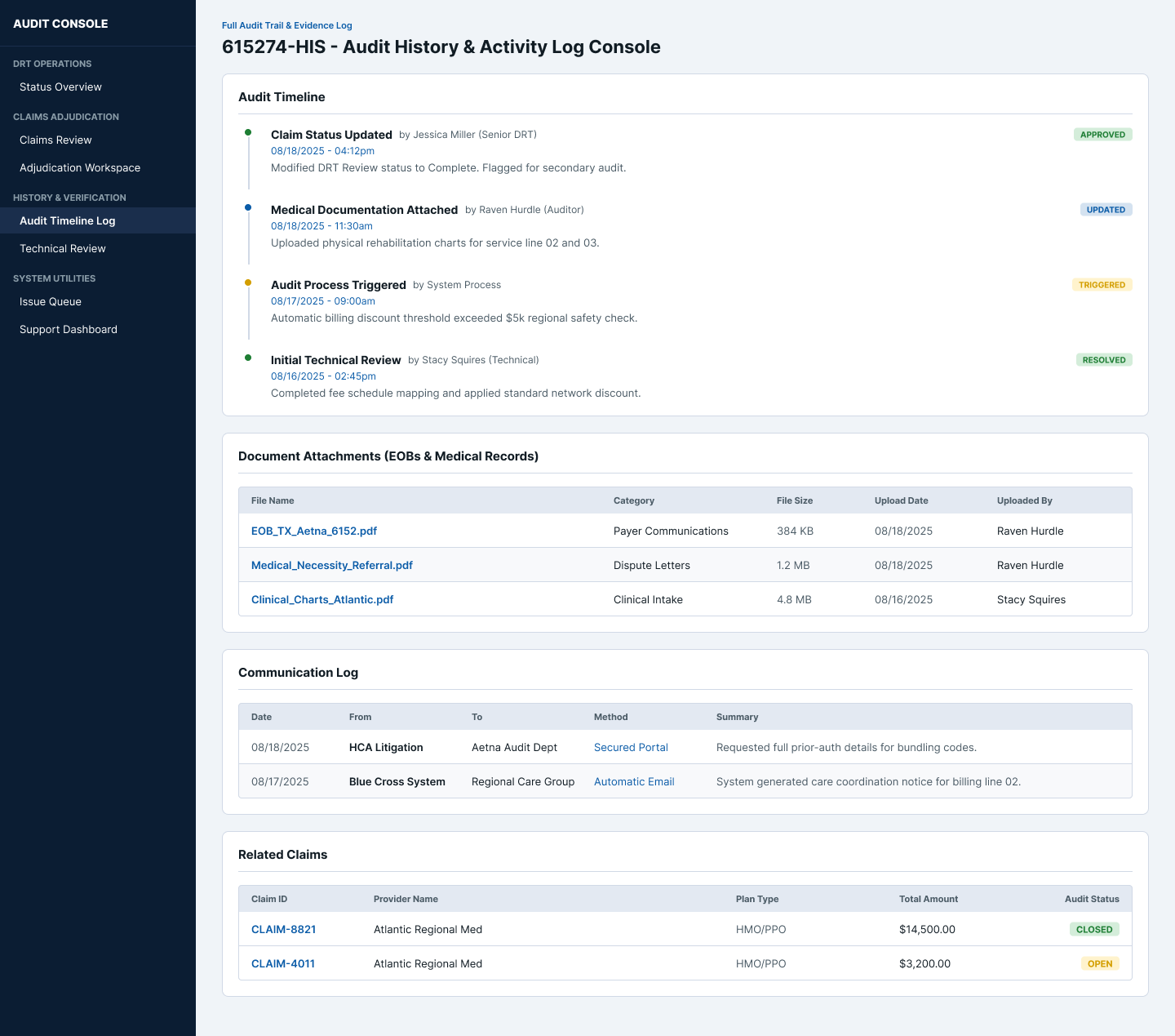 Audit History and Activity Log showing a four-event timeline with status badges, a document attachments table with EOB and medical records, a communication log, and a related claims panel