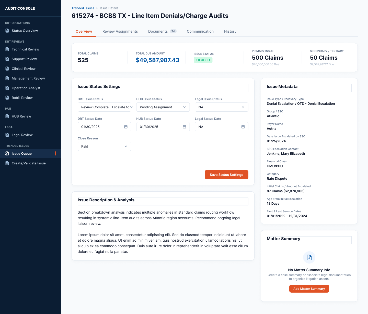 Redesigned BCBS TX Charge Audits summary showing total claims, total due amount of $49.5M, issue status closed, and a full issue detail with review assignments and document list