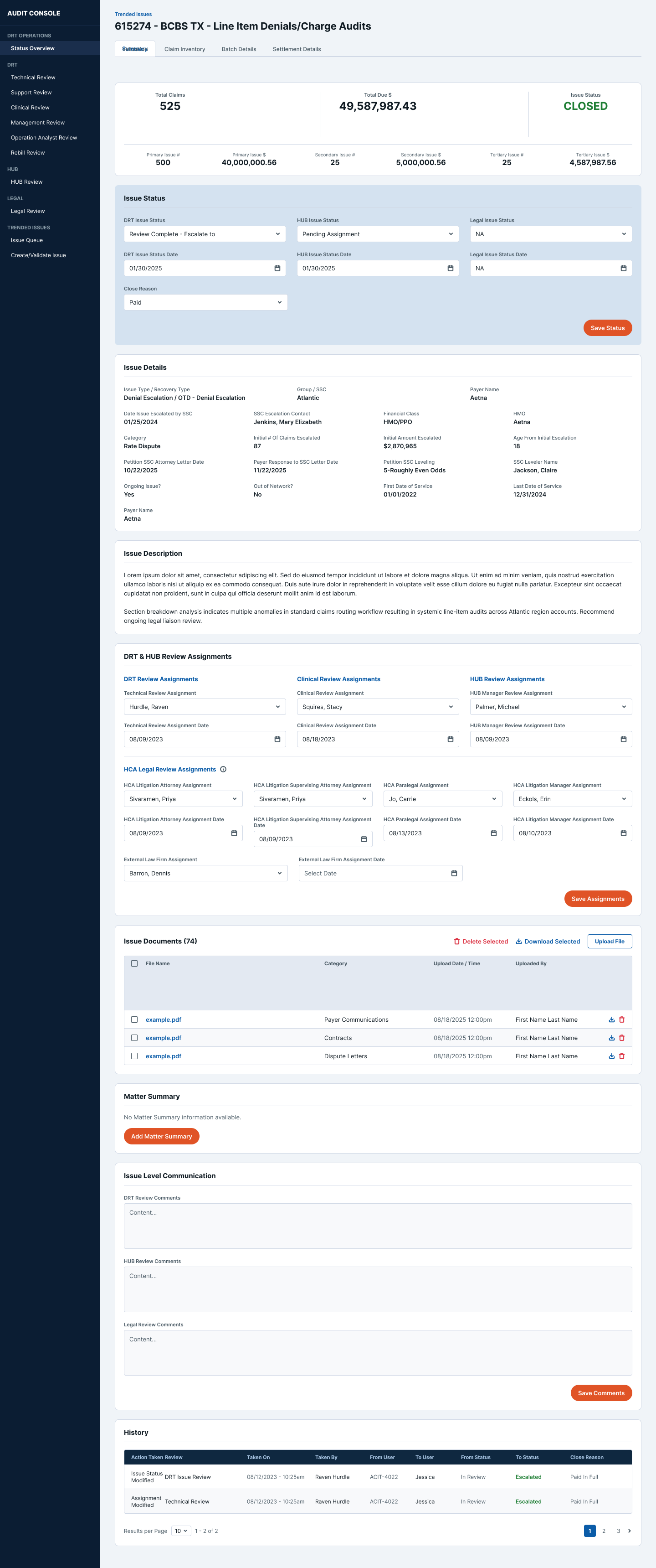 BCBS TX Line Item Denials and Charge Audits detail page showing issue status settings, metadata panel, issue description, and matter summary