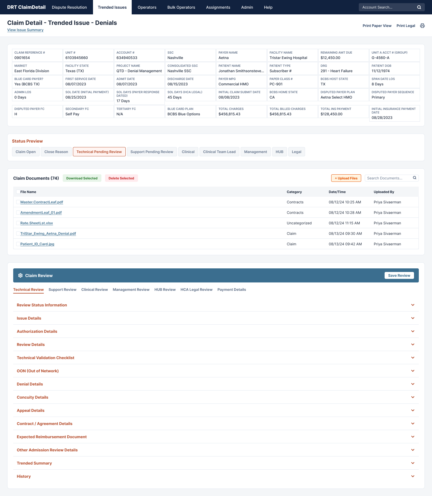 Claim Detail - Trended Issue page showing claim header fields, status workflow tabs, document list, and an expandable Claim Review panel with Technical, Support, Clinical, Management, HUB, and Legal review tabs