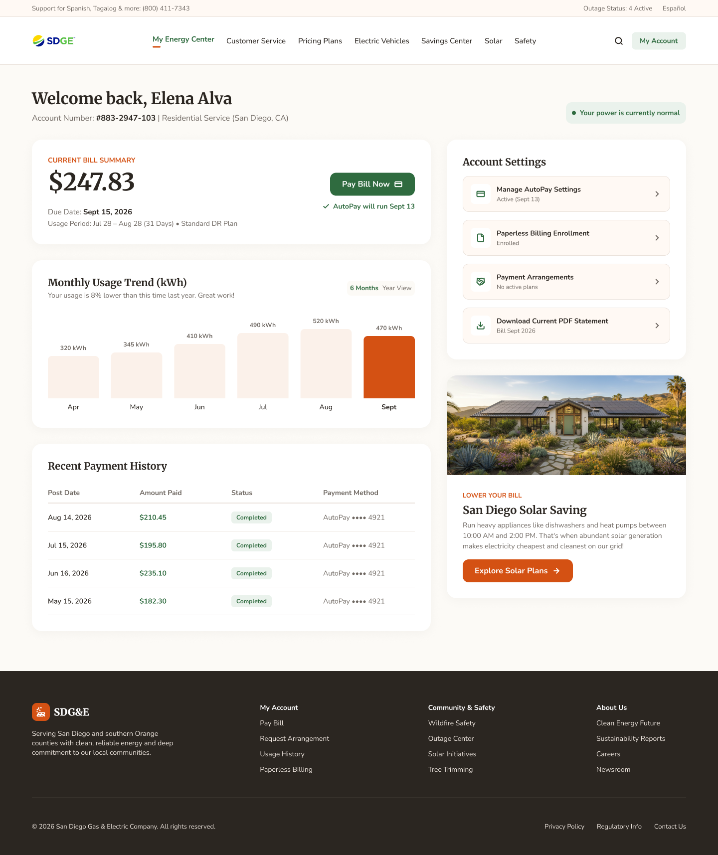 SDG&E bill pay dashboard