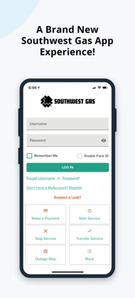Southwest Gas mobile app login screen with username, password, Face ID, and quick-action tiles for Make a Payment, Start Service, Stop Service, Transfer Service, Outage Map, and More