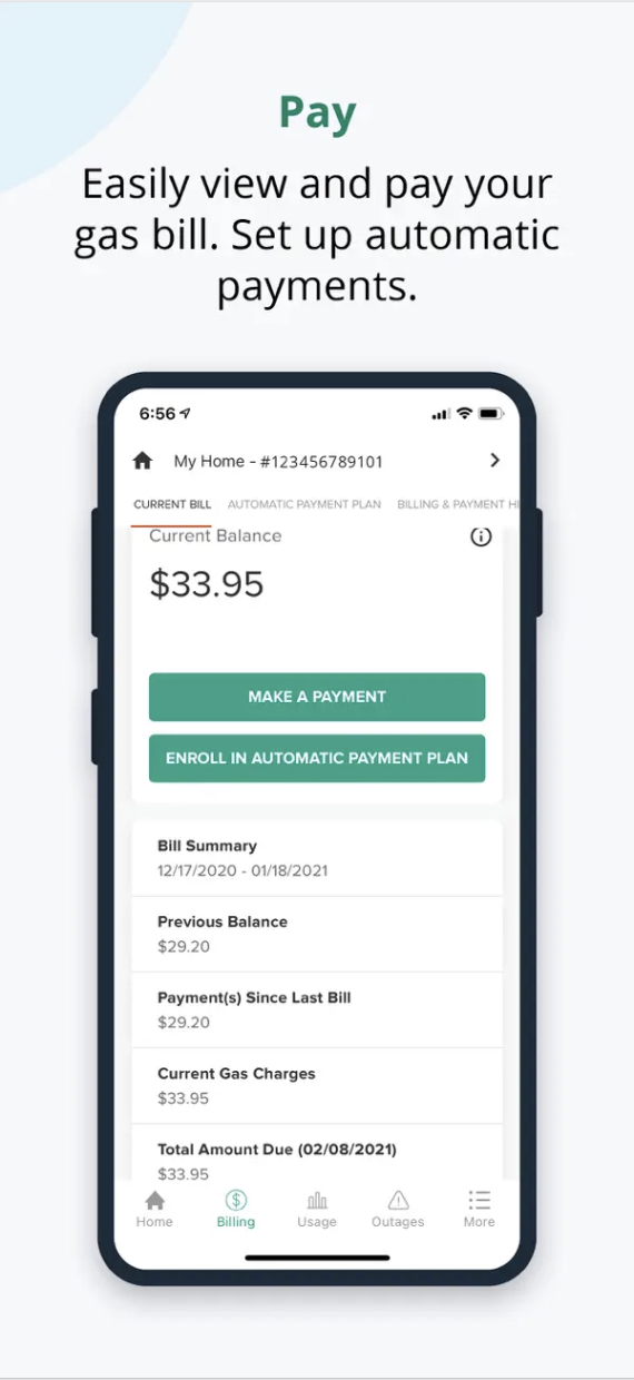 Bill detail view showing current balance, Make a Payment and Enroll in Automatic Payment Plan buttons, and a bill summary breakdown