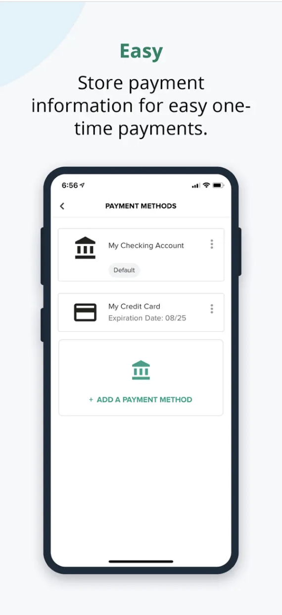 Payment methods screen with checking account and credit card on file, plus an option to add a payment method