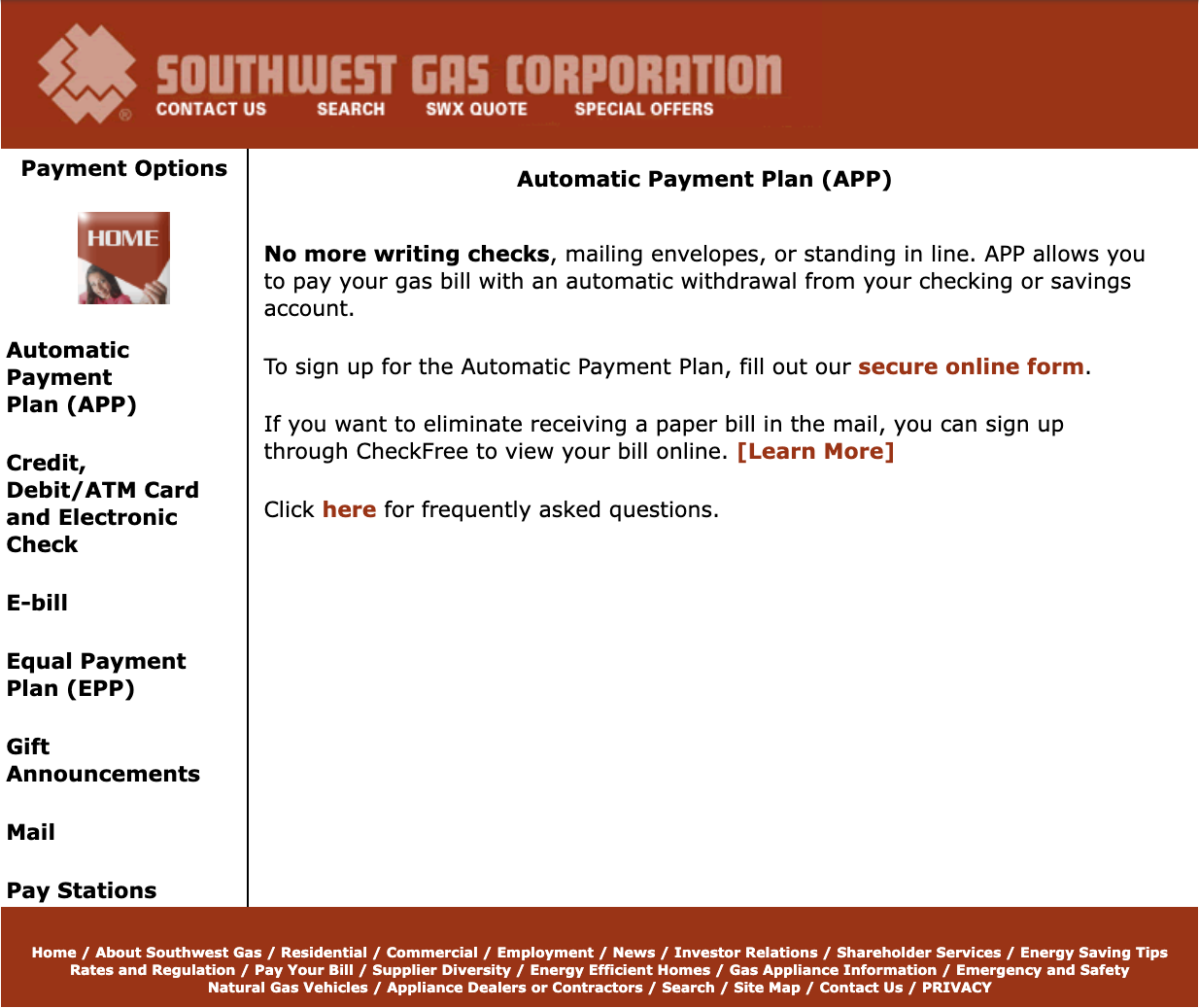 Original Southwest Gas Automatic Payment Plan page