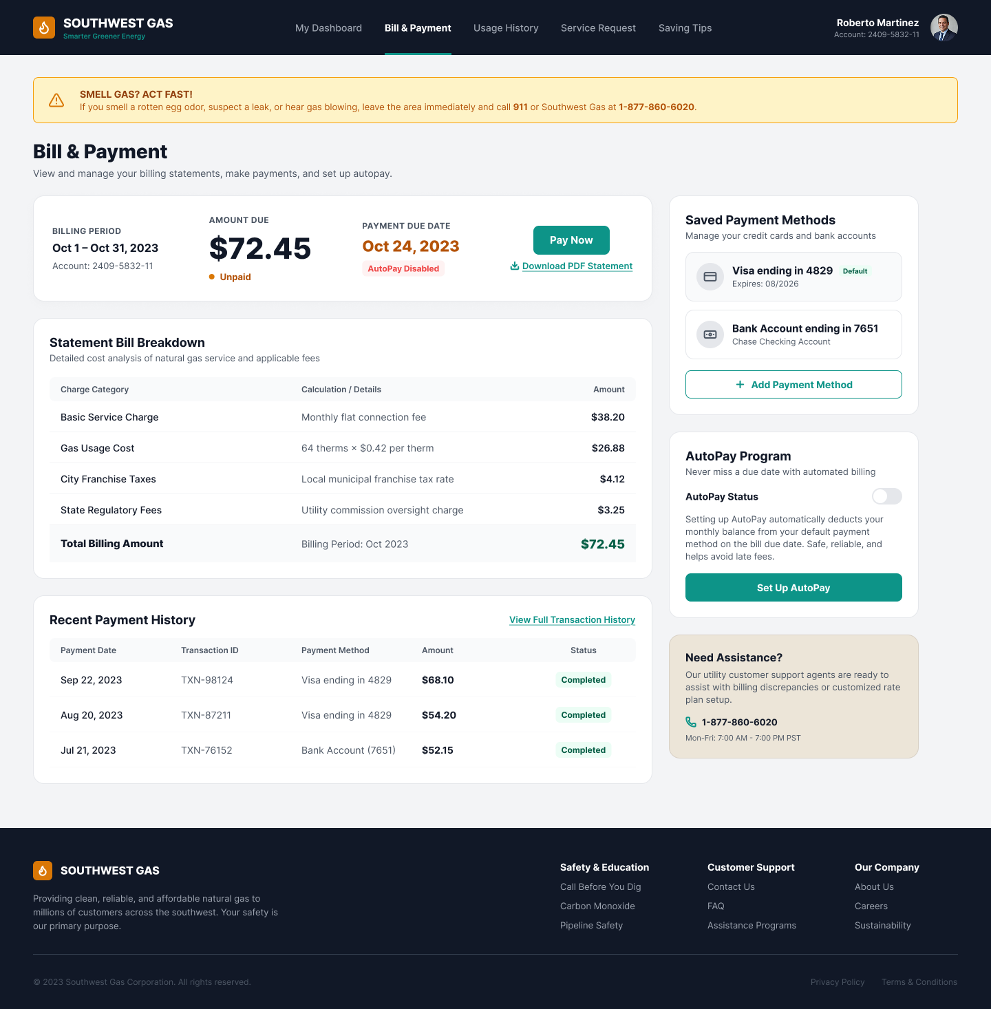 MyAccount bill and payment screen showing amount due, statement breakdown, payment history, and autopay enrollment