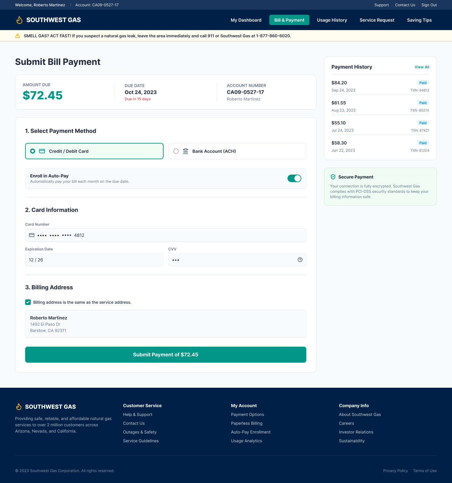 Southwest Gas Submit Bill Payment desktop screen