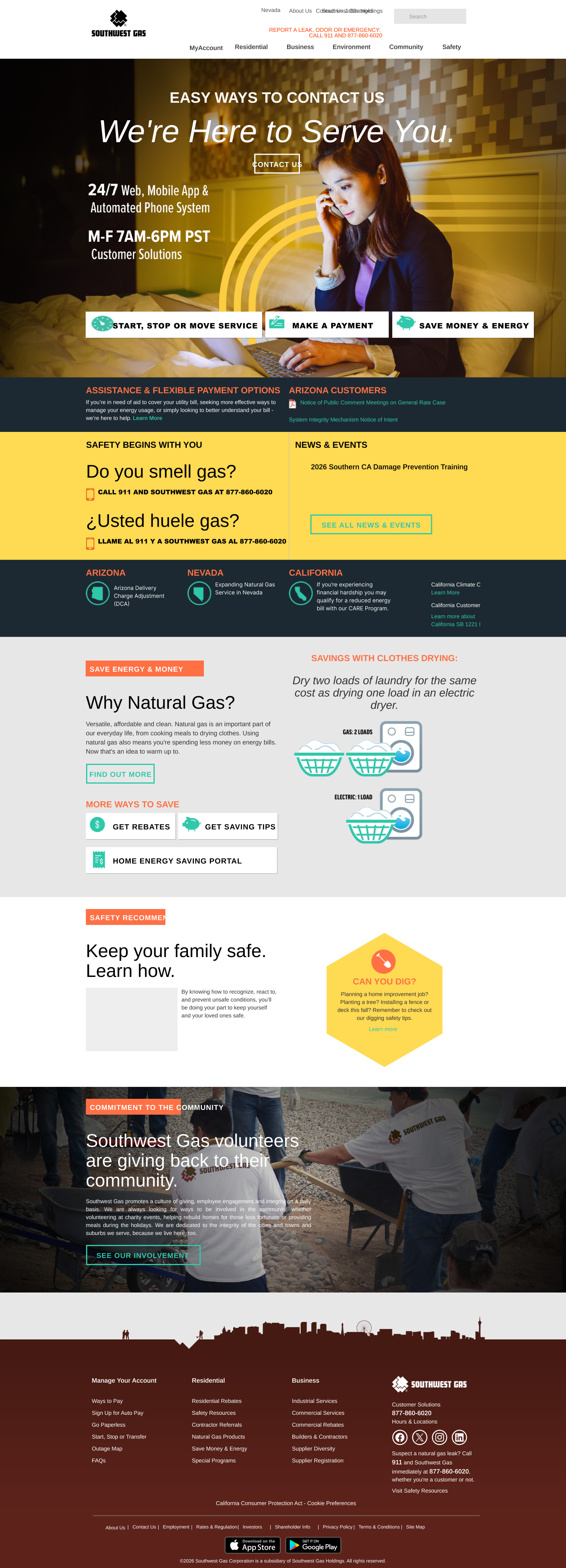 Southwest Gas redesigned homepage on desktop showing easy contact options, safety messaging in English and Spanish, top-task shortcuts, and community commitment section