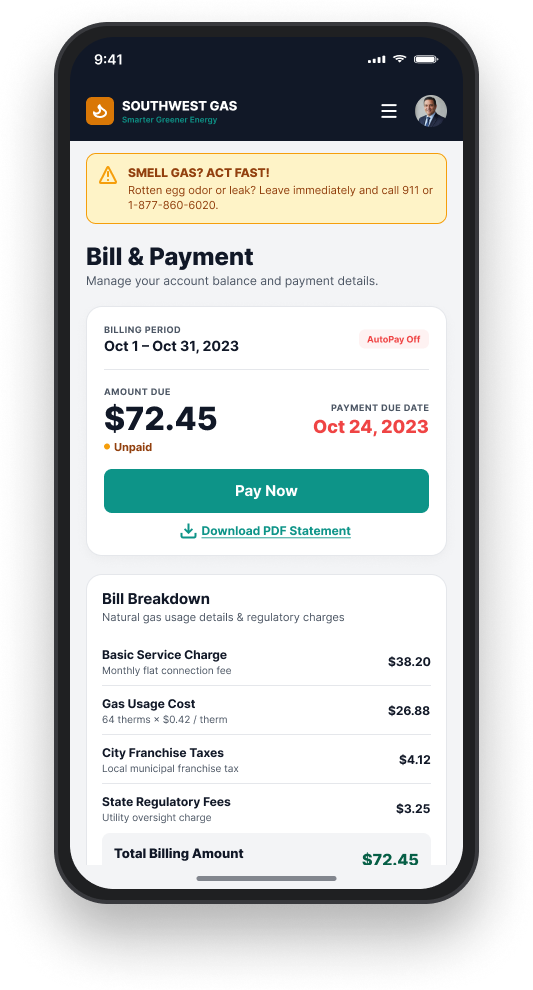 Mobile app bill and payment screen showing amount due, bill breakdown, and download statement option