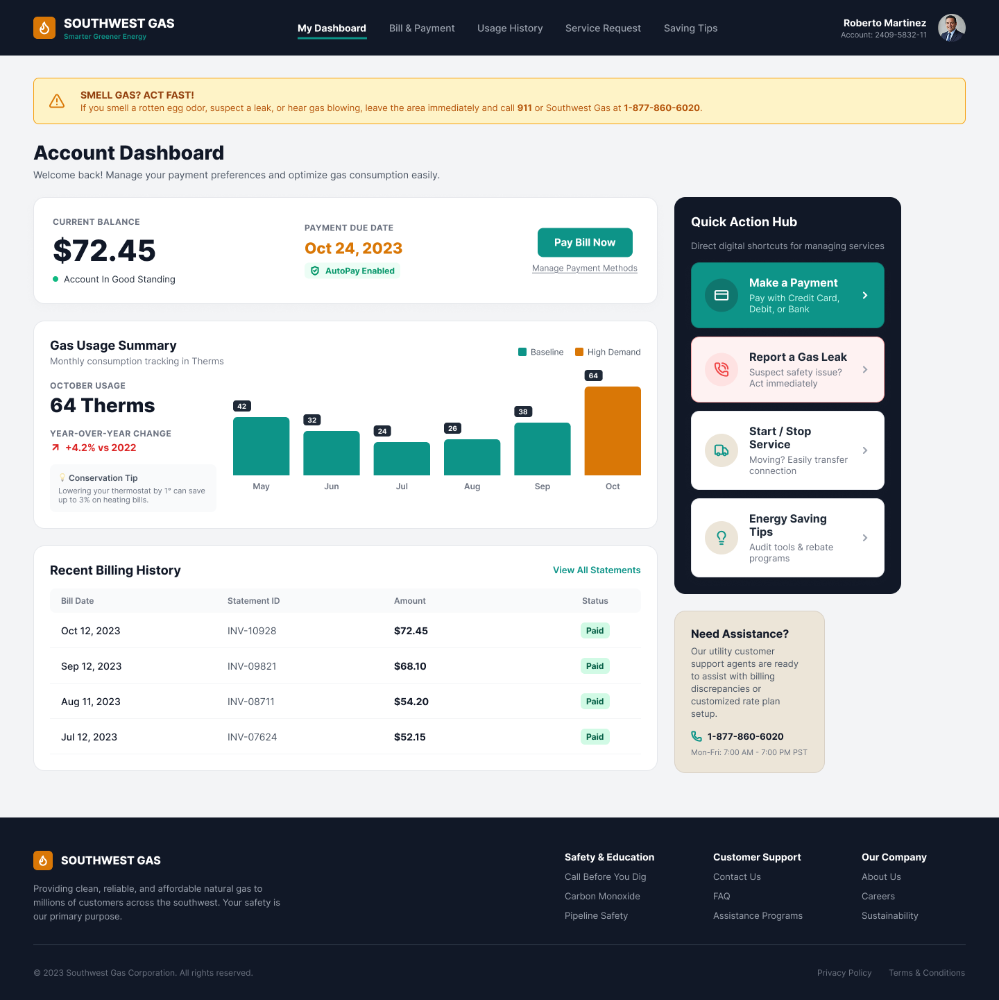 MyAccount dashboard showing account balance, gas usage chart, billing history, and quick action hub