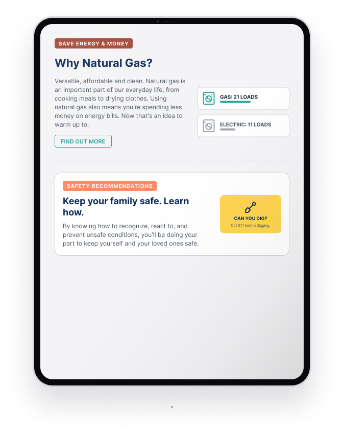 Tablet view showing Why Natural Gas and Keep Your Family Safe sections