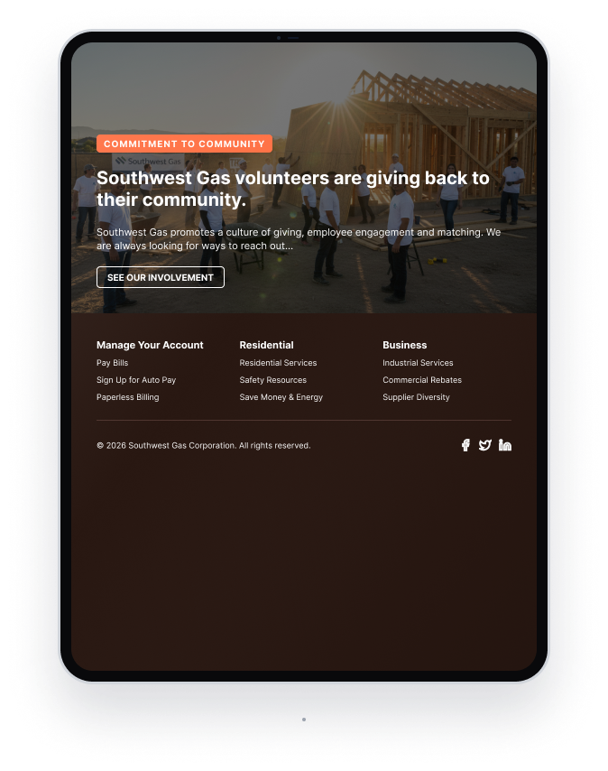 Tablet view showing community volunteering section and footer