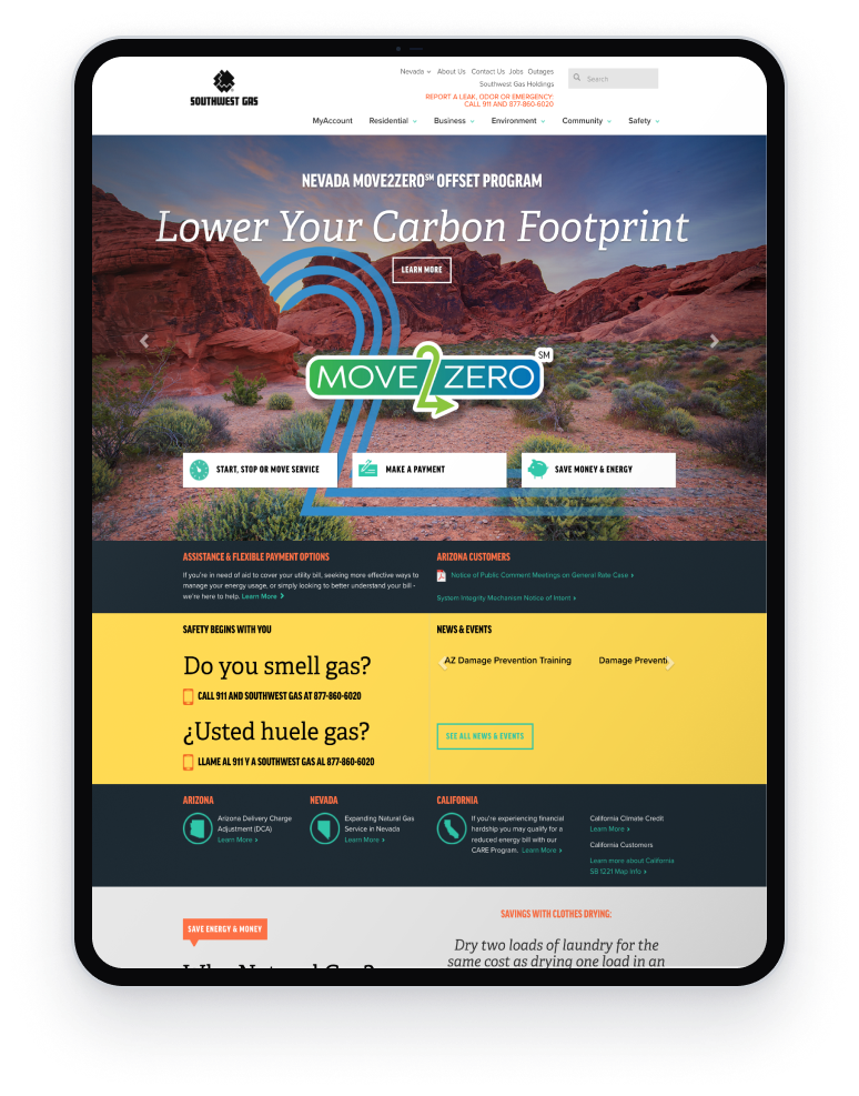 Southwest Gas homepage on tablet showing Move2Zero carbon offset program campaign