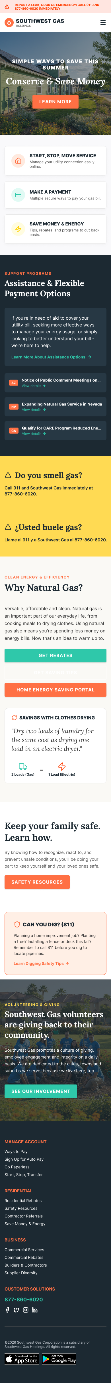 Southwest Gas homepage mobile layout