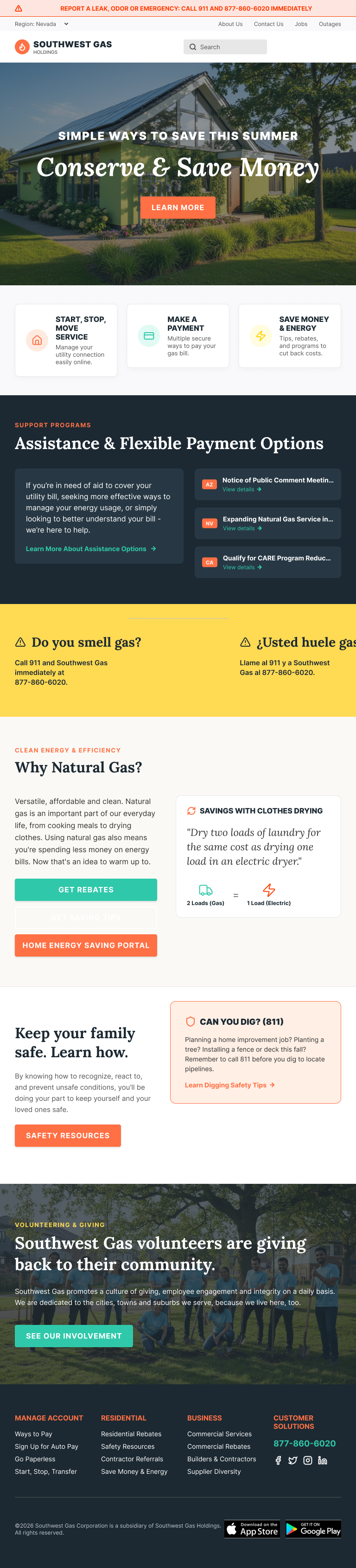 Southwest Gas homepage tablet layout