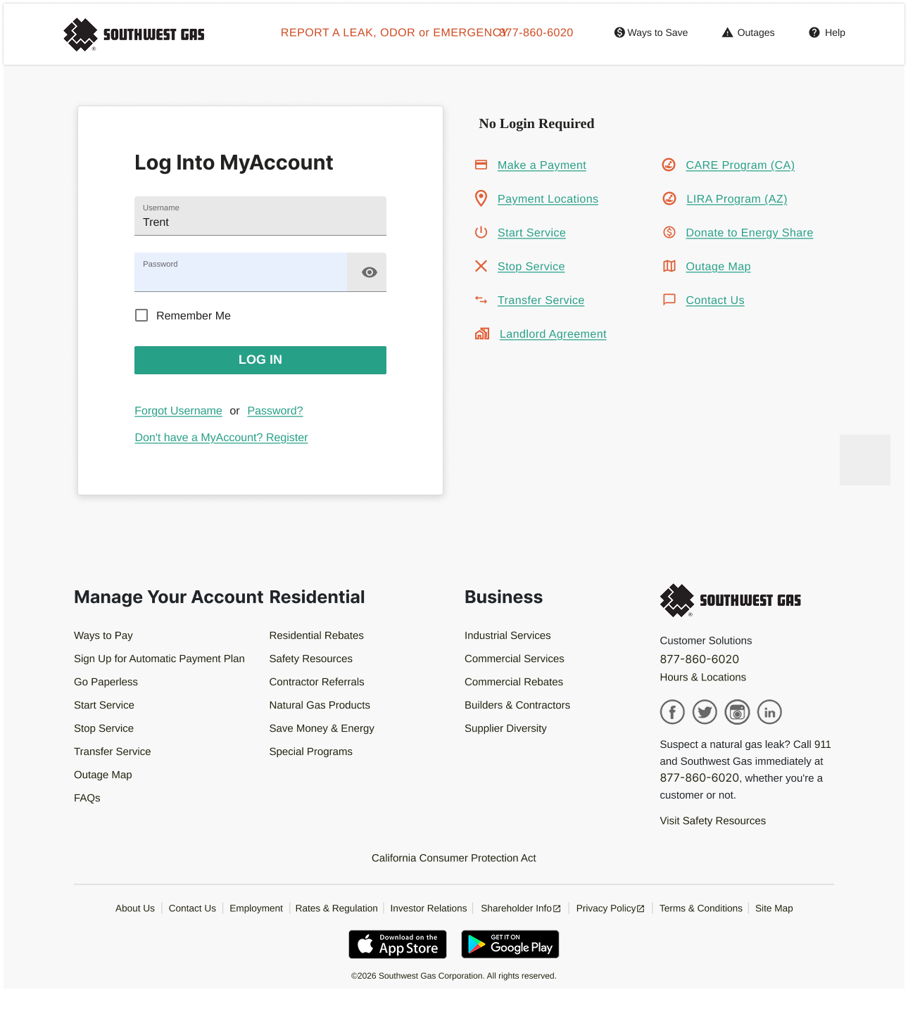 Southwest Gas homepage desktop design v1