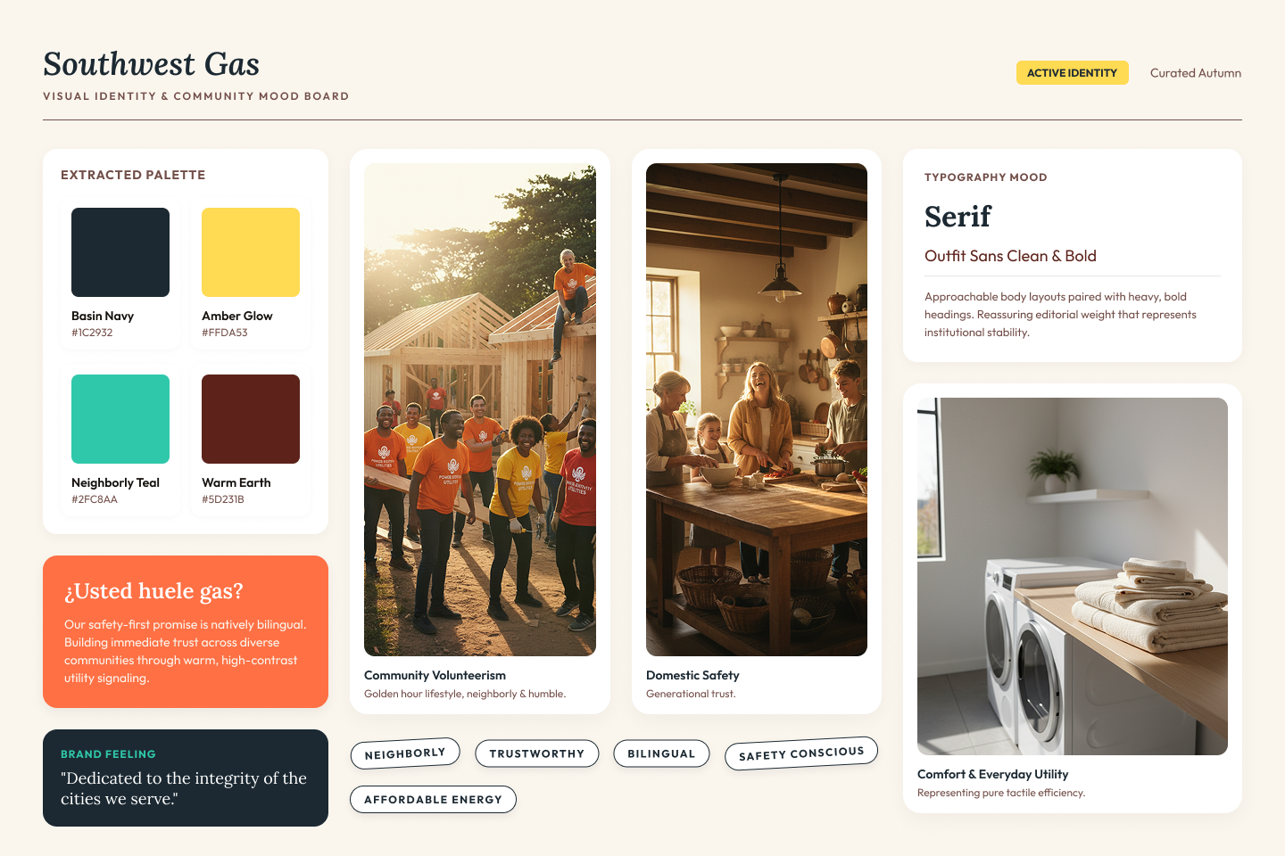 Southwest Gas mood board showing visual direction, color palette, and tone