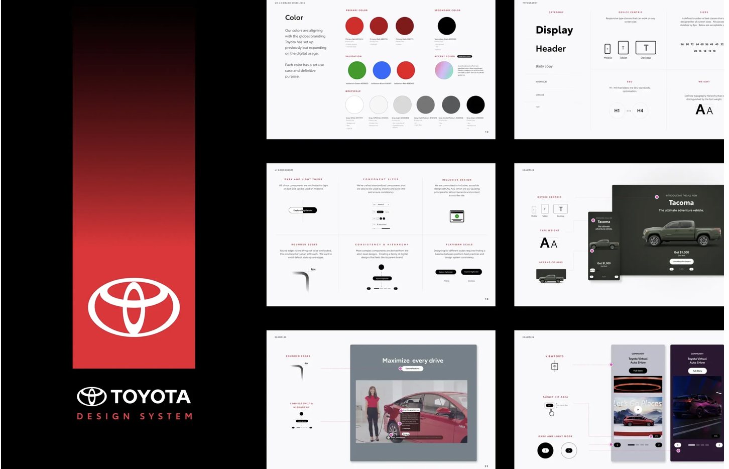 Toyota Design System pages showing color palette, typography scale, UI component guidelines, and applied examples on Tacoma product pages