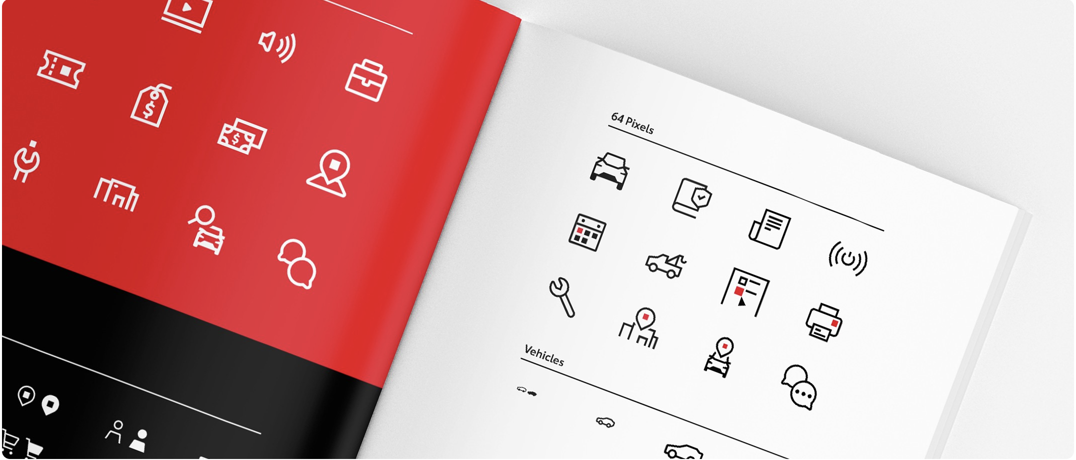 Toyota icon library pages showing a red and black icon set at 64 pixels and grouped by category, including vehicle, location, and commerce icons