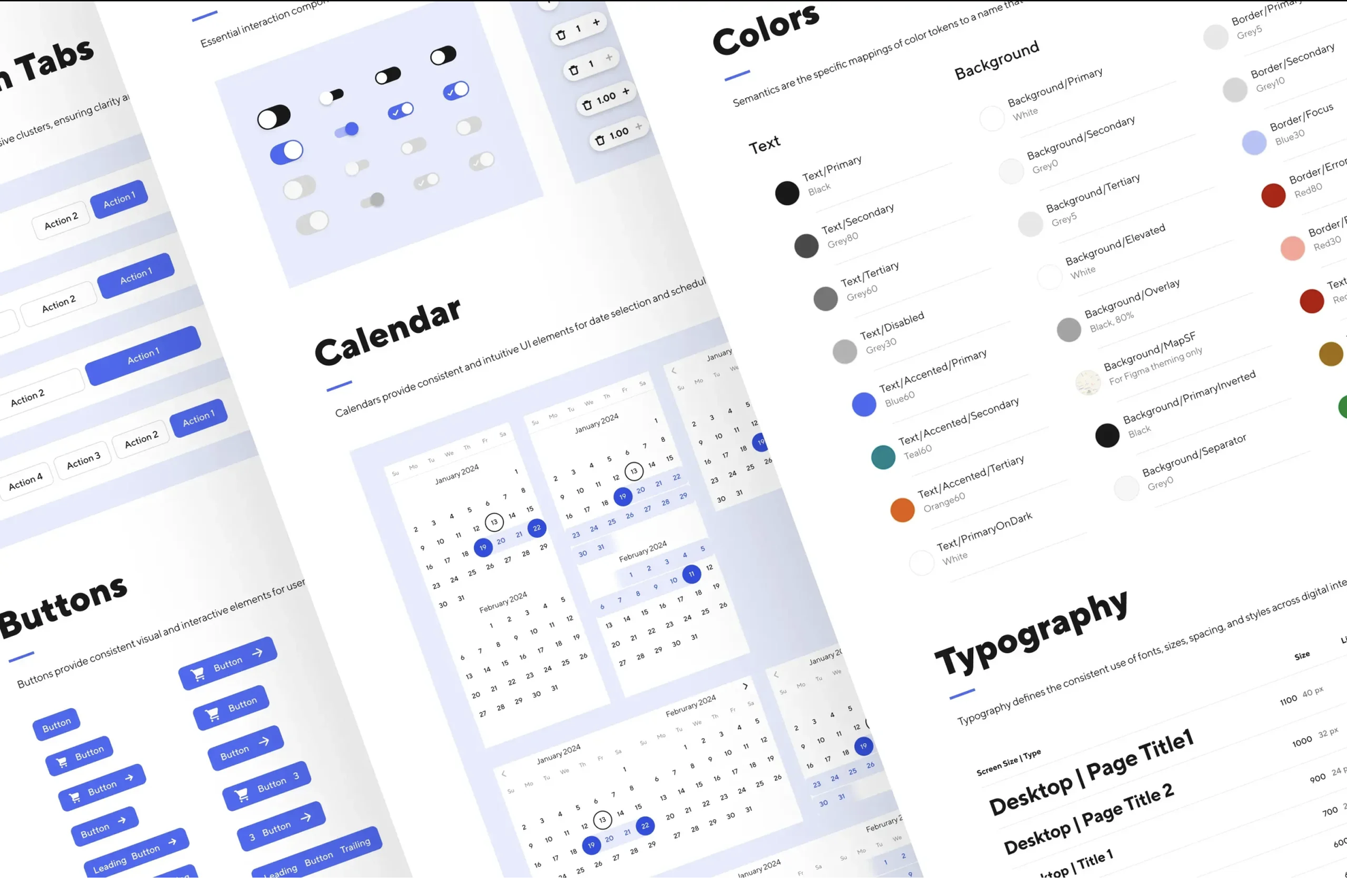 Web design system documentation showing tabs, buttons, toggles, a calendar component, semantic color tokens, and a typography scale