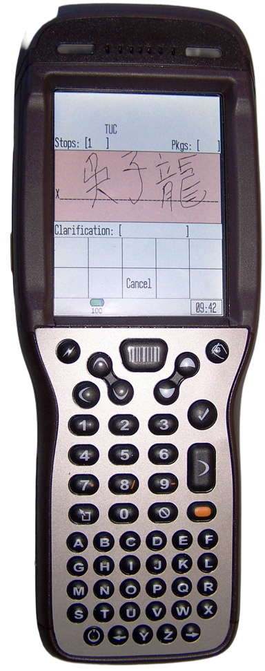 A DIAD V handheld terminal showing a delivery confirmation screen with stops, packages, a captured signature, and a clarification field