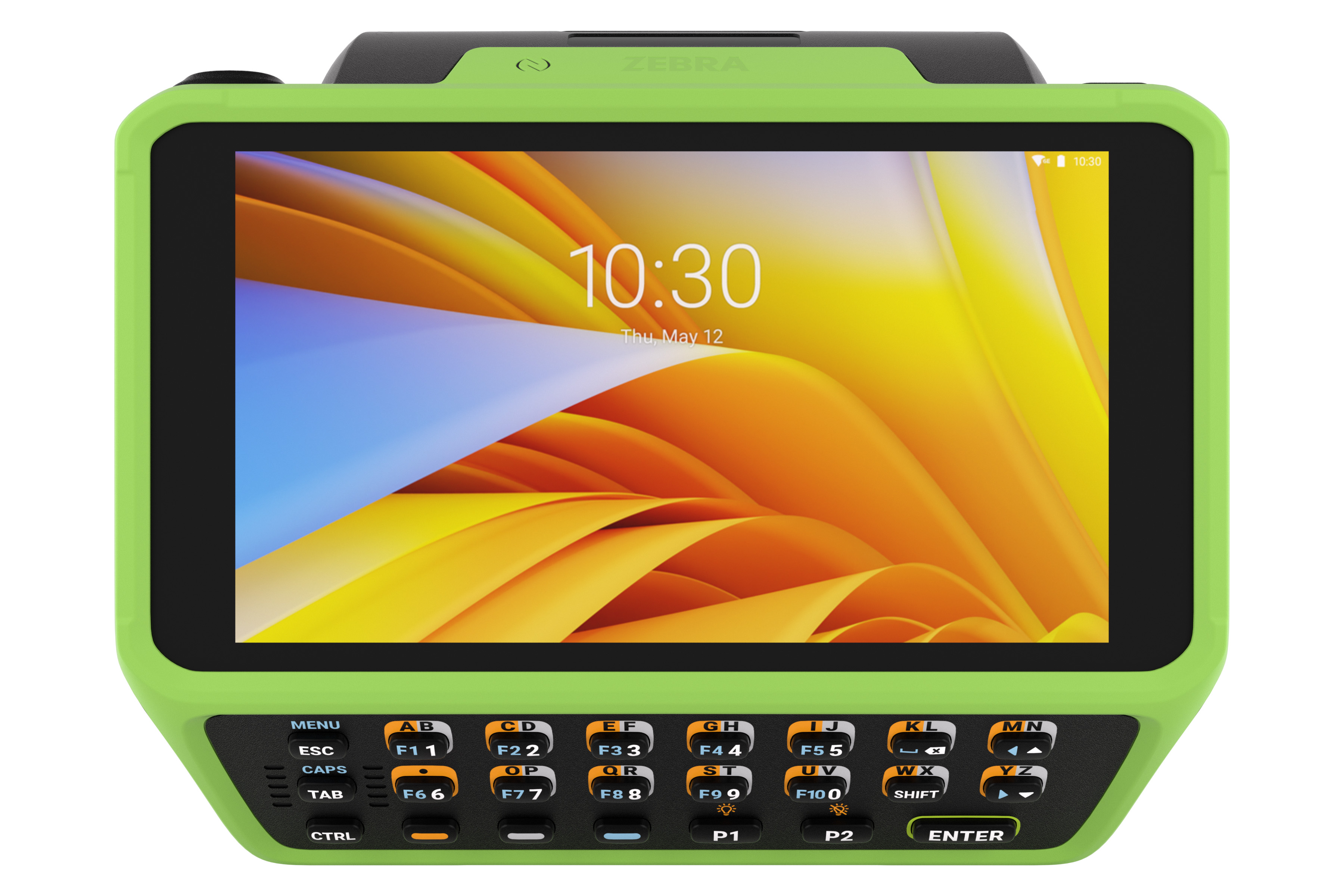 A rugged green and black Zebra handheld computer with a touchscreen and physical keypad