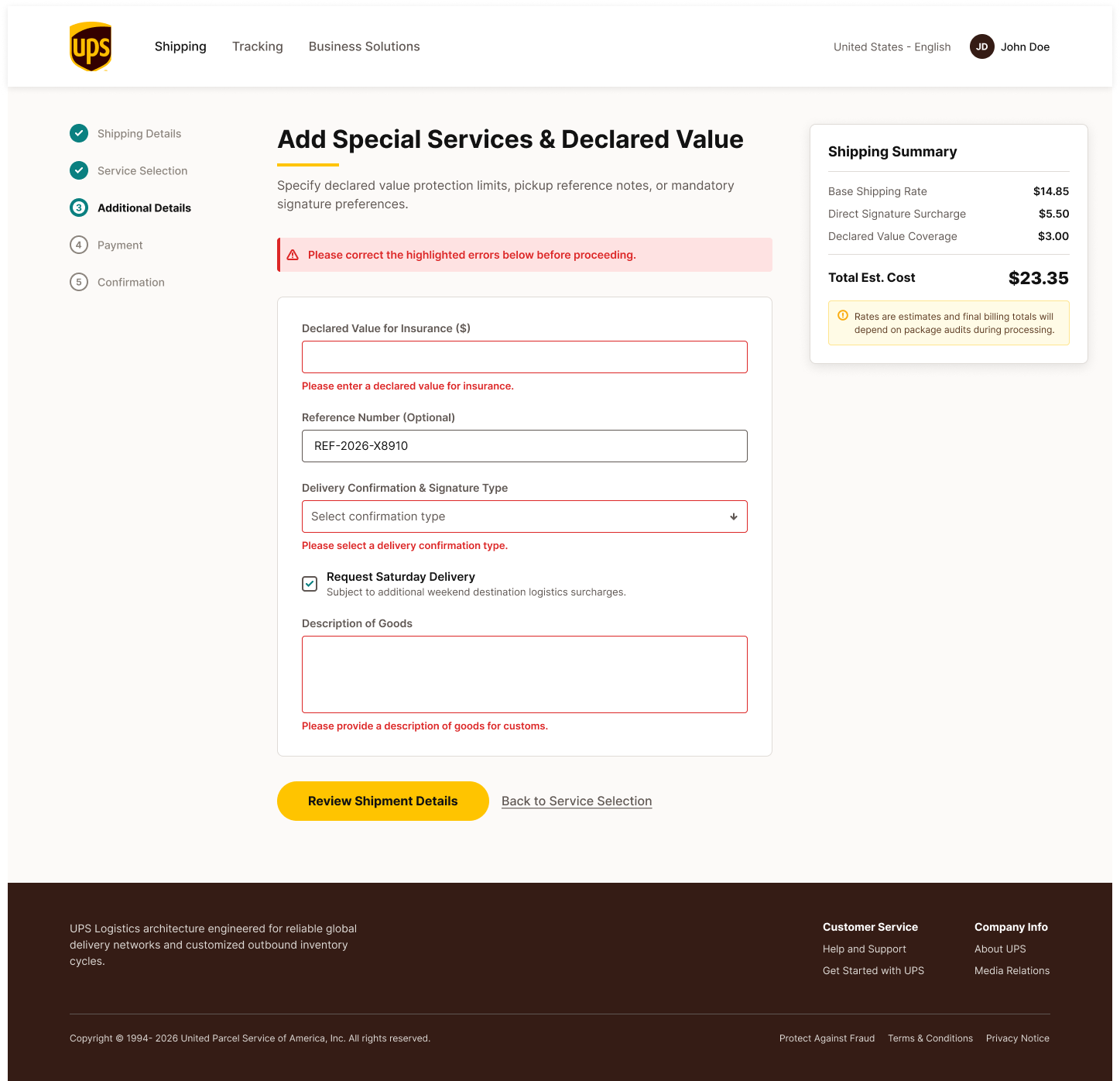 UPS additional details screen with inline validation error states