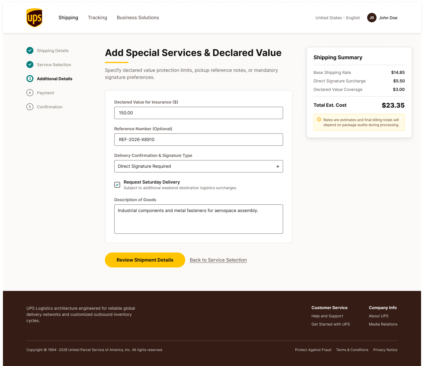 UPS additional shipment details screen