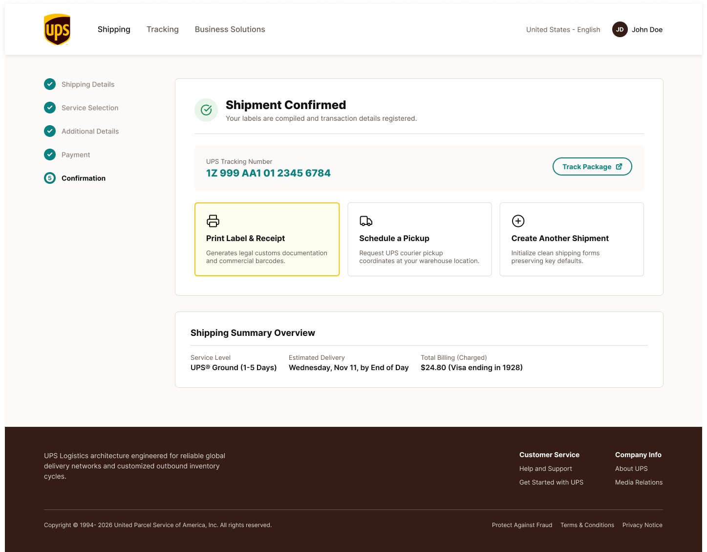 UPS payment confirmation screen