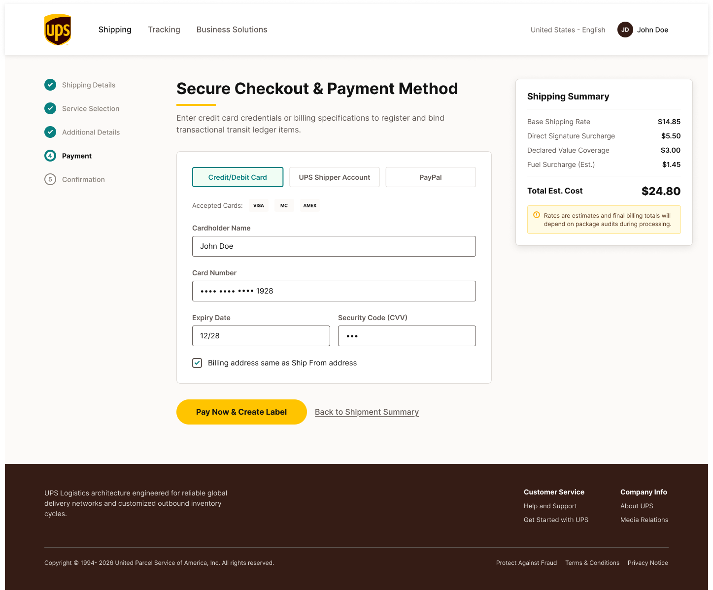 UPS payment screen