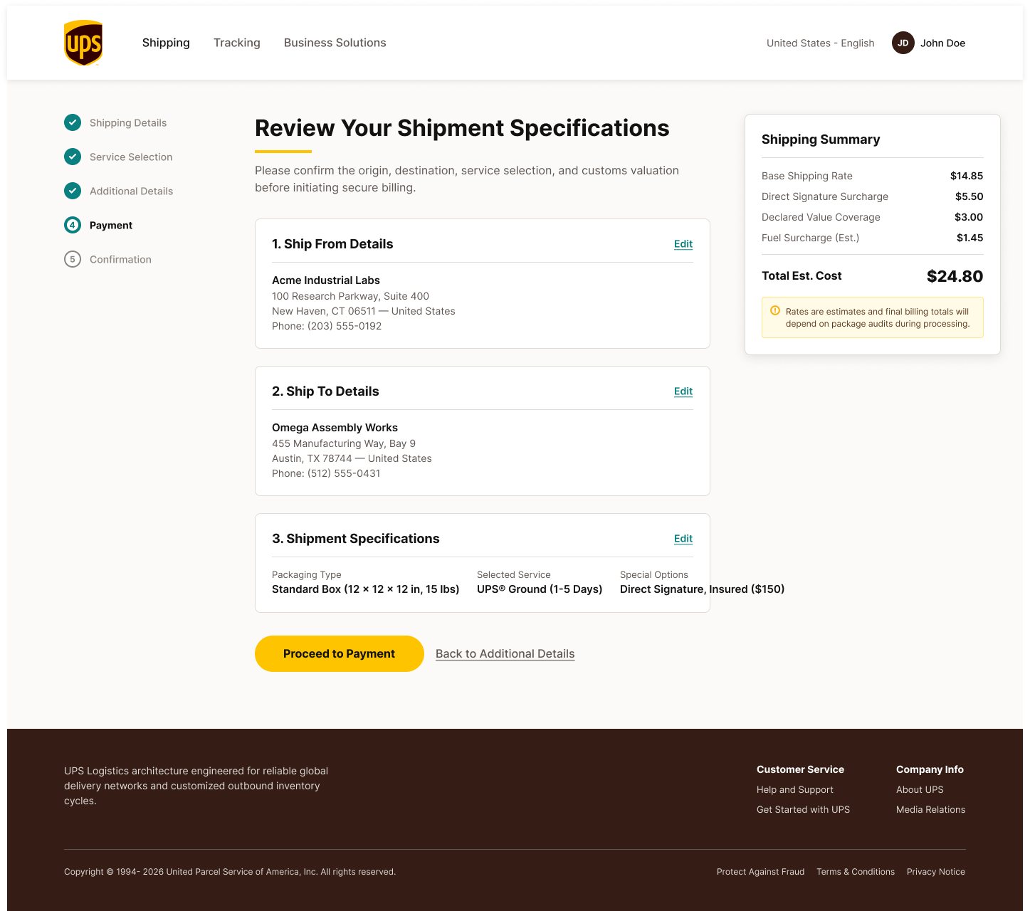 UPS review shipment screen