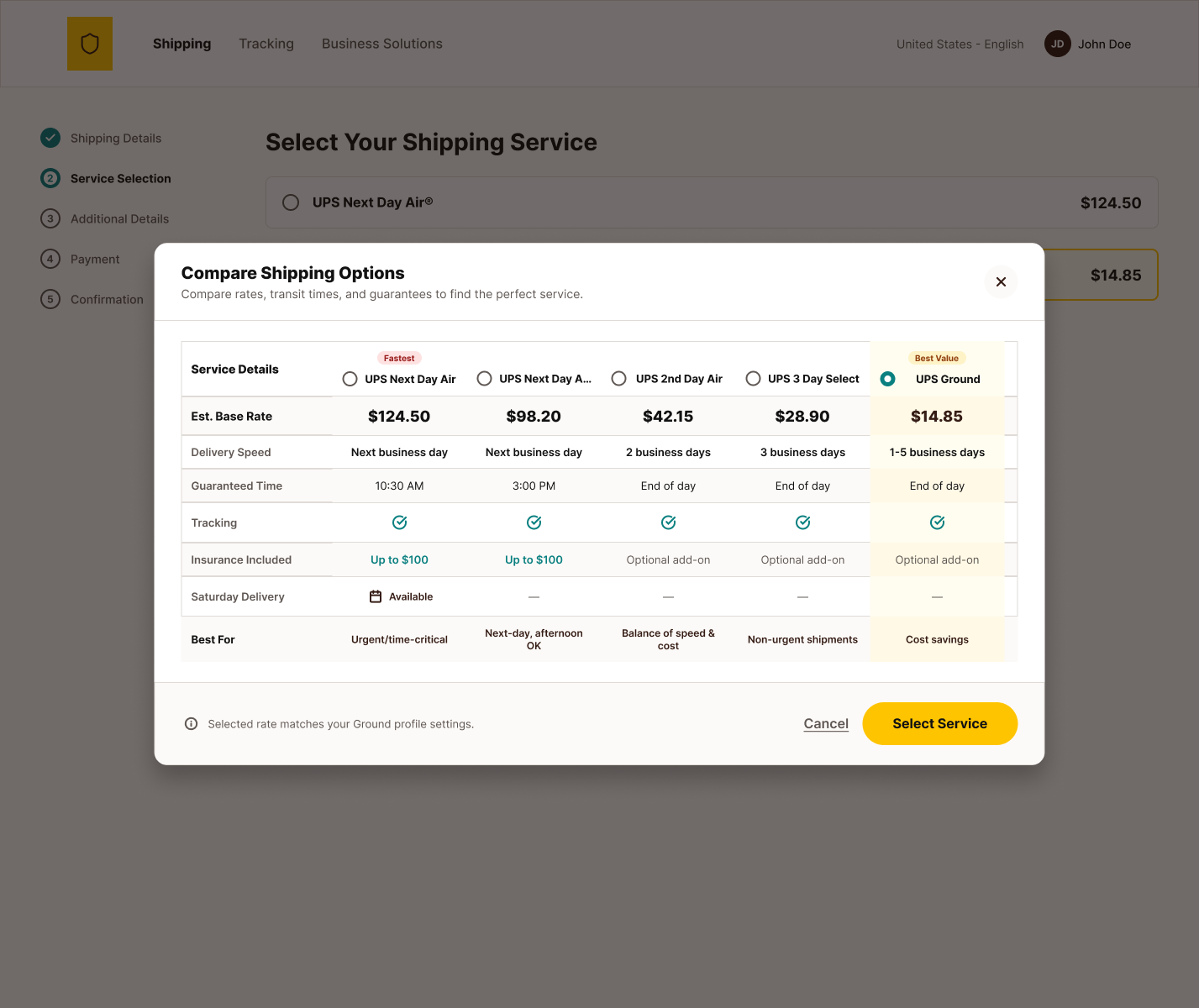 UPS shipping comparison modal