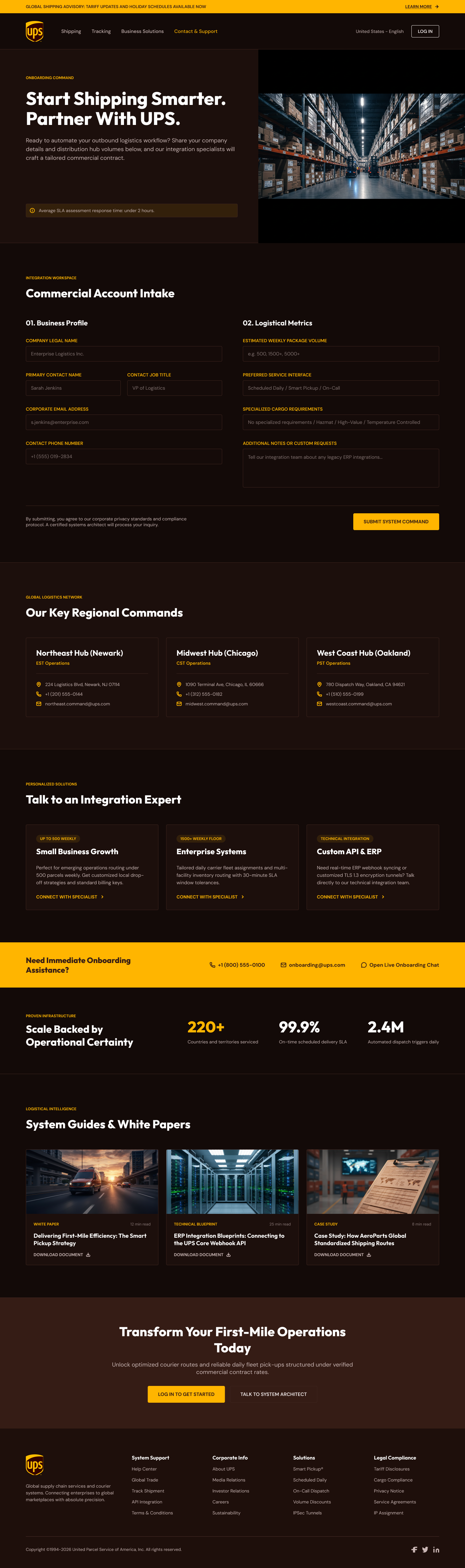 UPS partner onboarding commercial account intake page