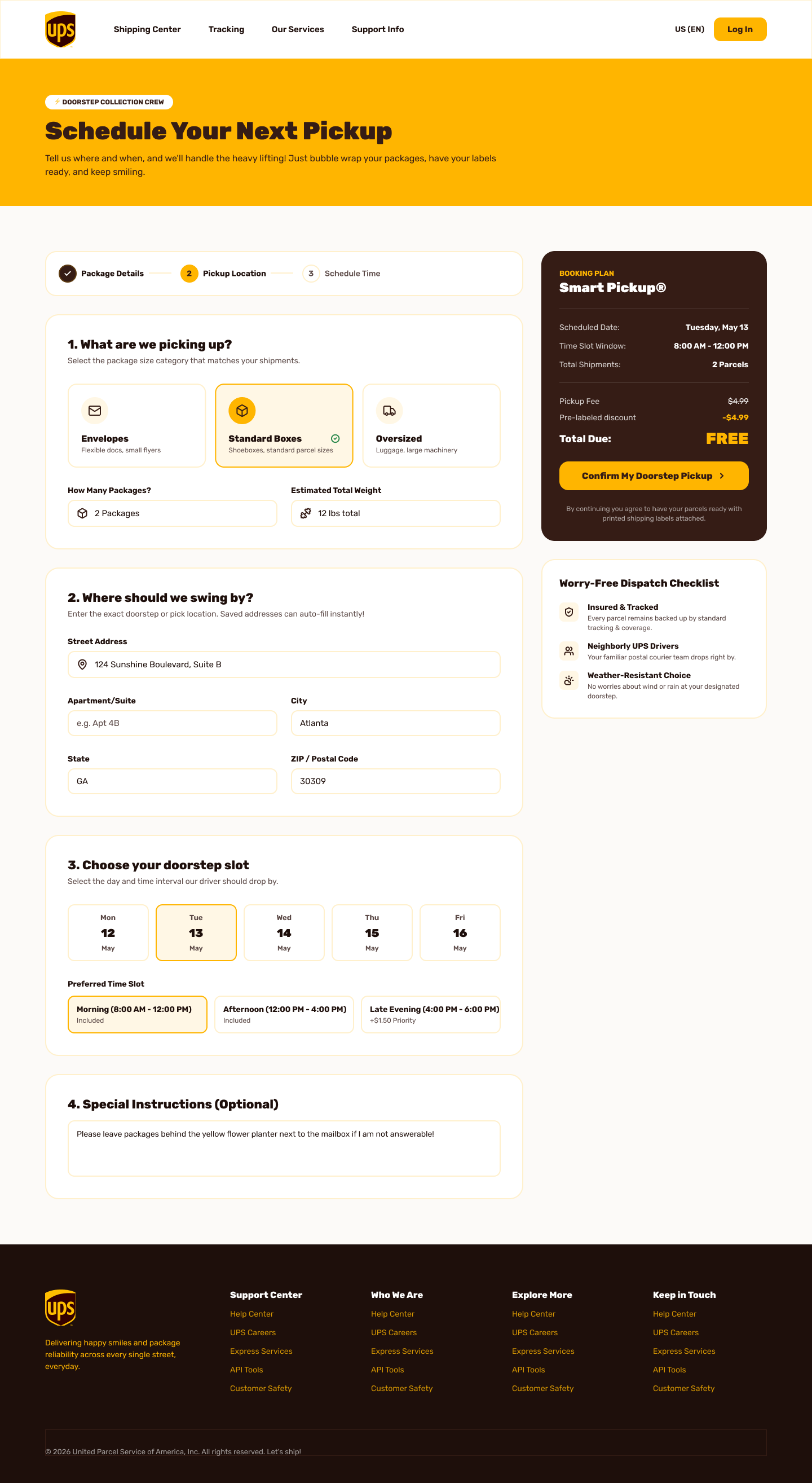 UPS pickup scheduling form - bright and playful direction