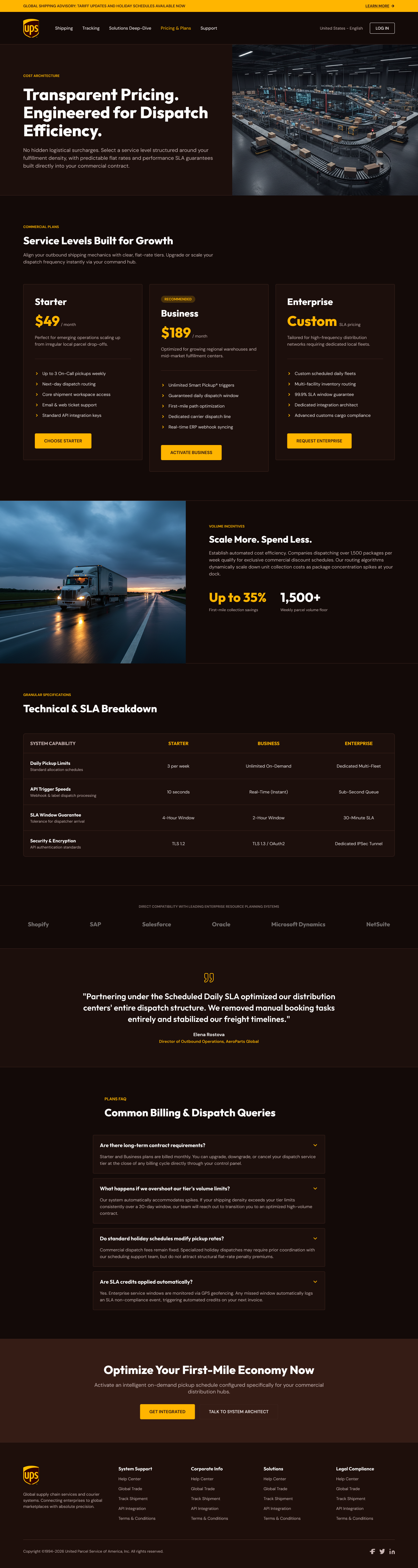 UPS transparent logistics plans pricing page