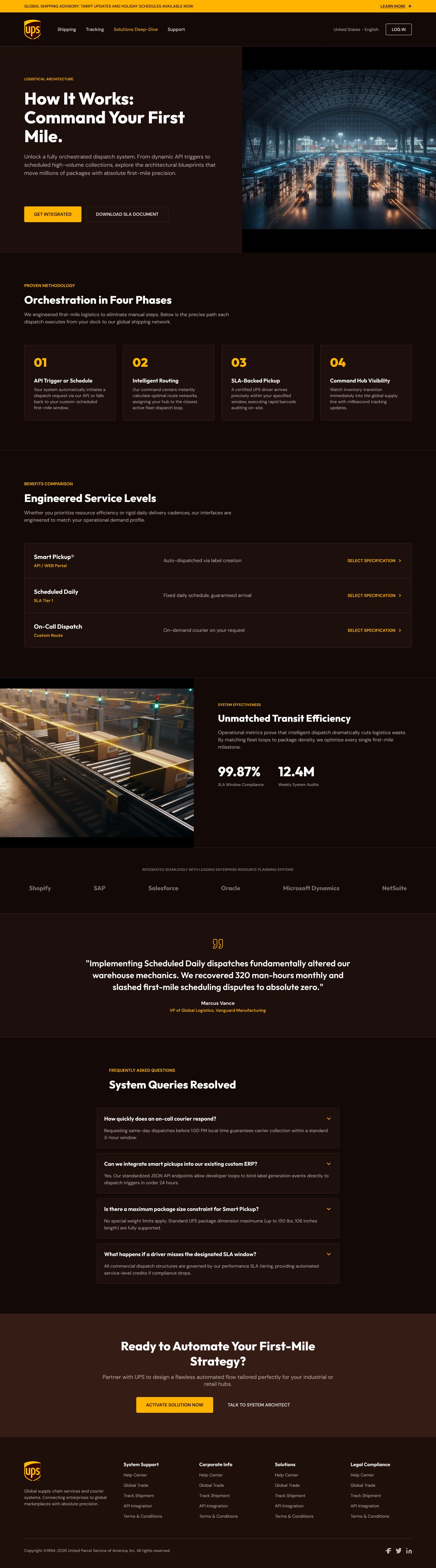 UPS B2B logistics solutions dark editorial landing page