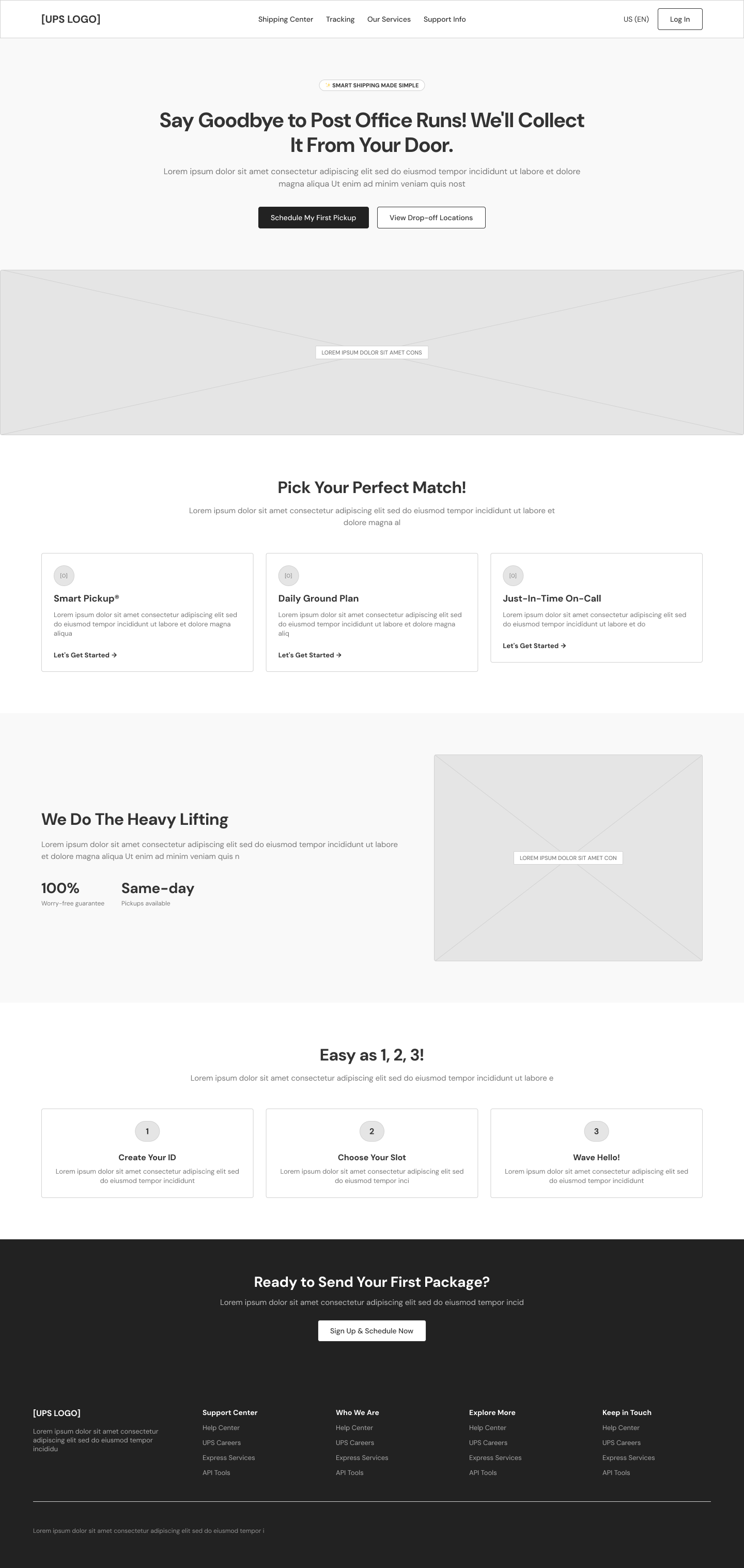 UPS pickup wireframe - centered playful stack