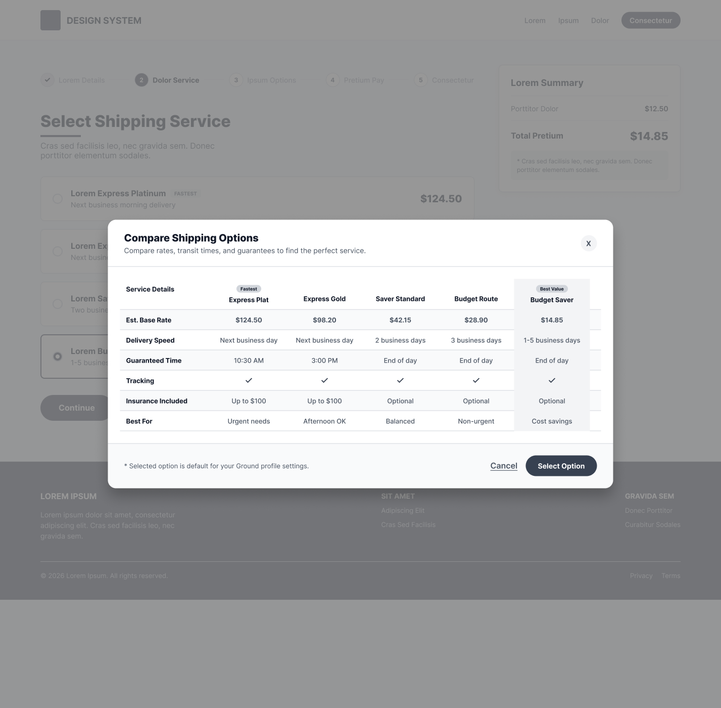 UPS shipping wireframe - compare options modal