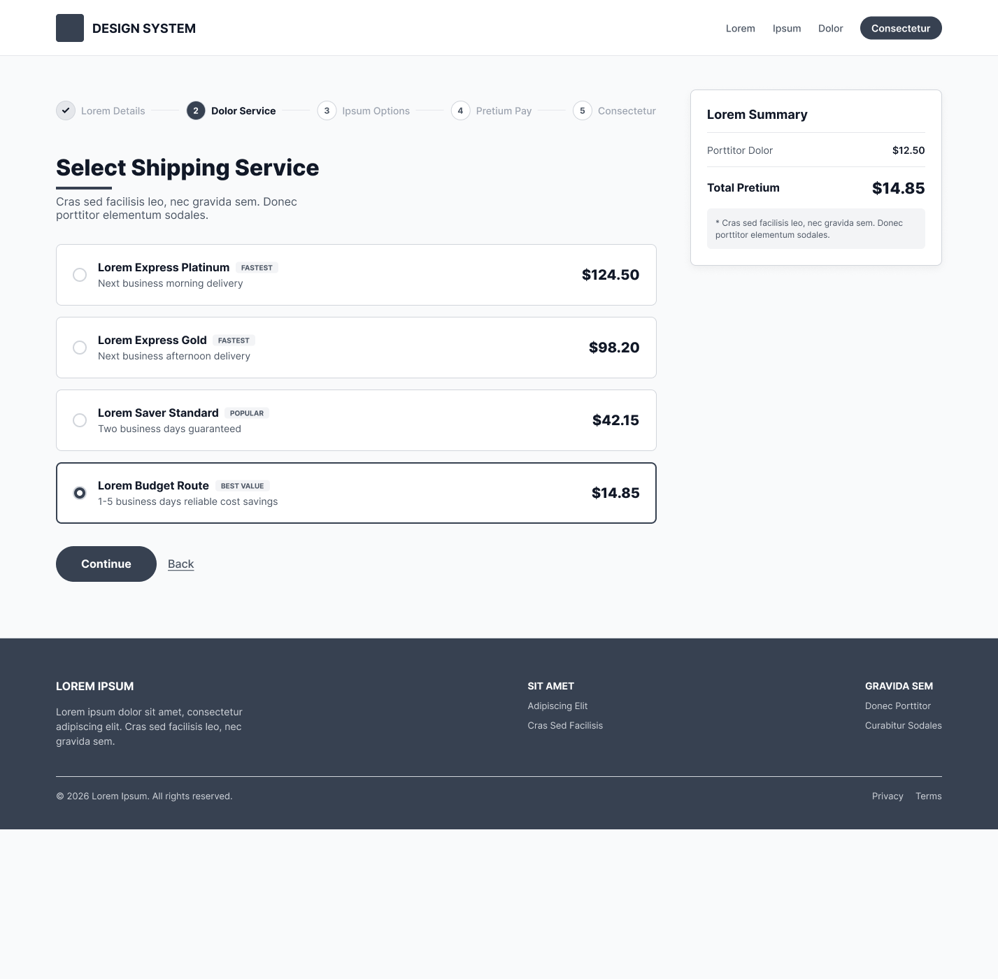 UPS shipping wireframe - service selection