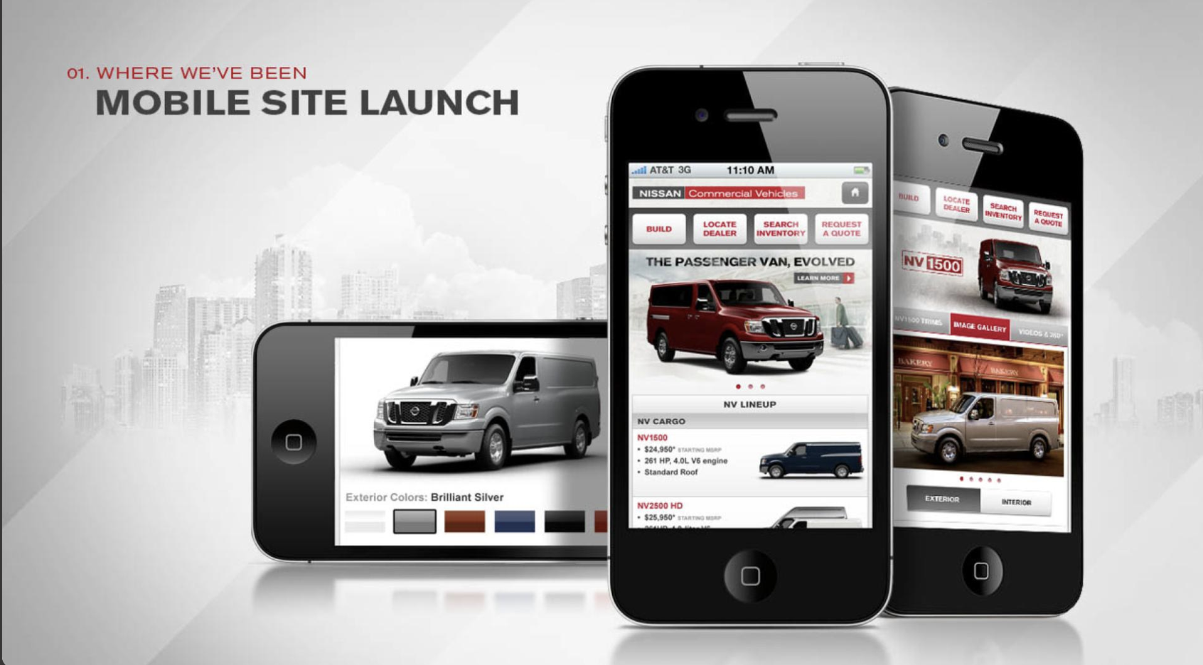 Nissan Commercial Vehicles mobile site launch showing the NV1500 passenger van landing page with Build, Locate Dealer, Search Inventory, and Request a Quote actions, NV lineup pricing, and an NV1500 detail screen with an exterior and interior image gallery.