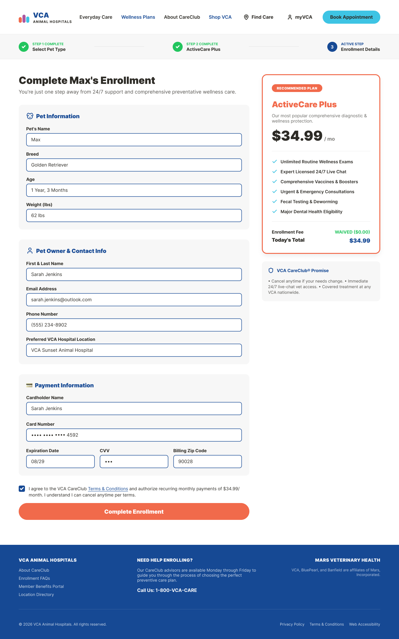 CareClub enrollment step 3 — desktop checkout with pet info, contact, and payment alongside plan summary