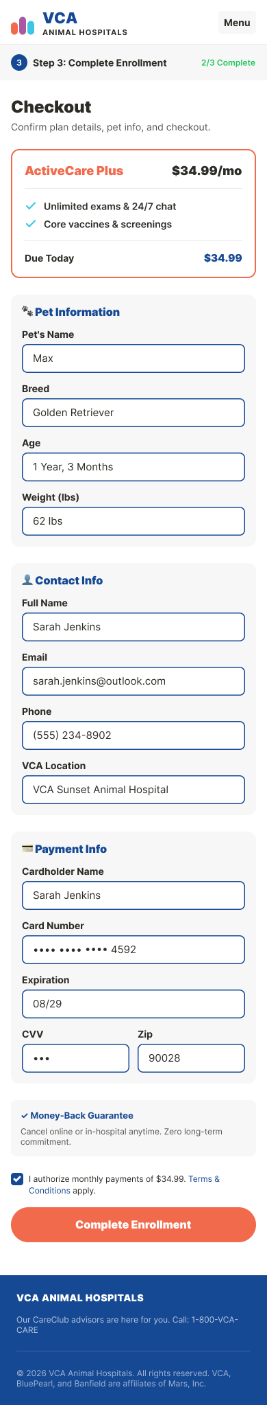 CareClub enrollment step 3 — mobile checkout flow