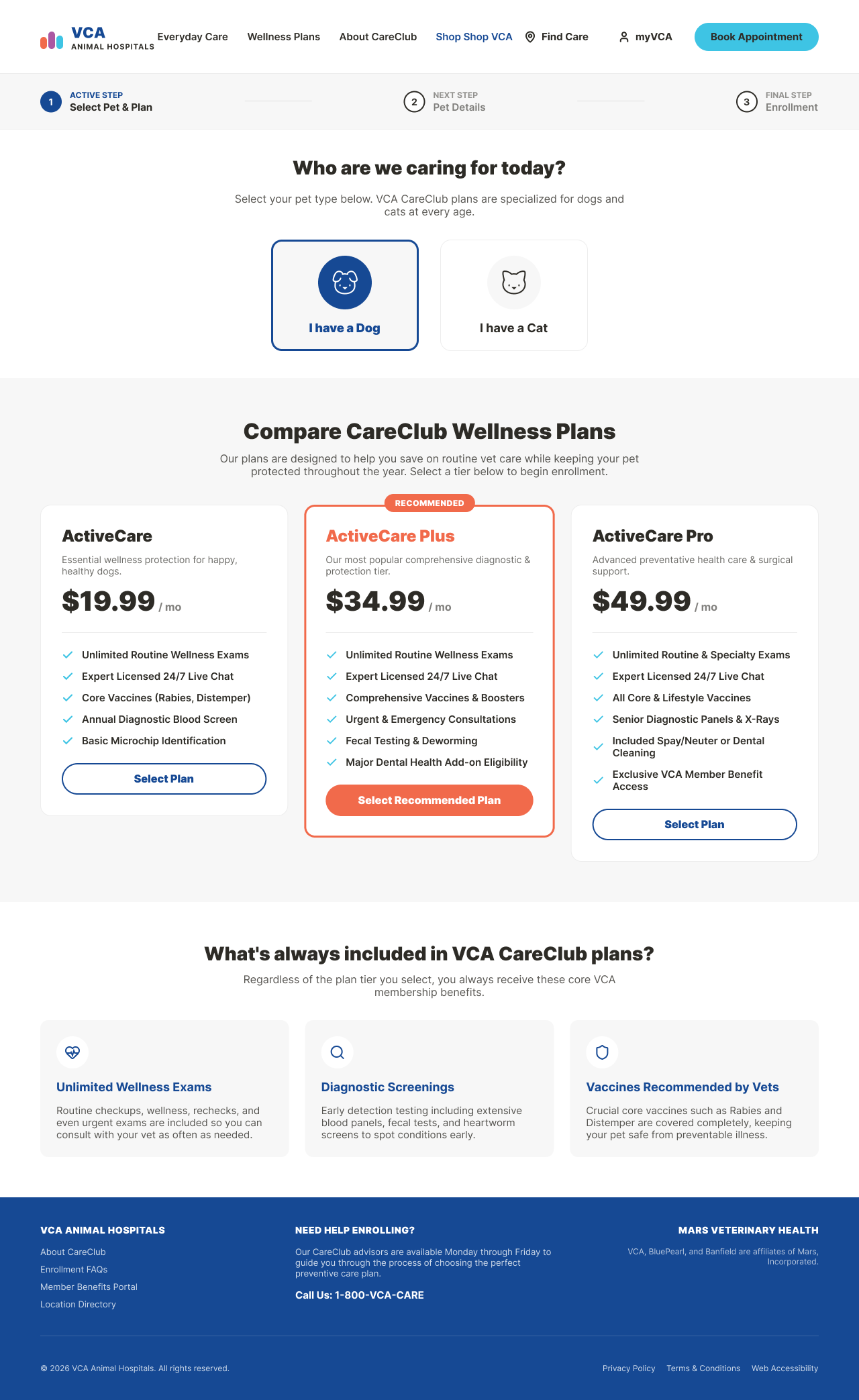 CareClub plan selection step — pet type selector and three-tier plan comparison