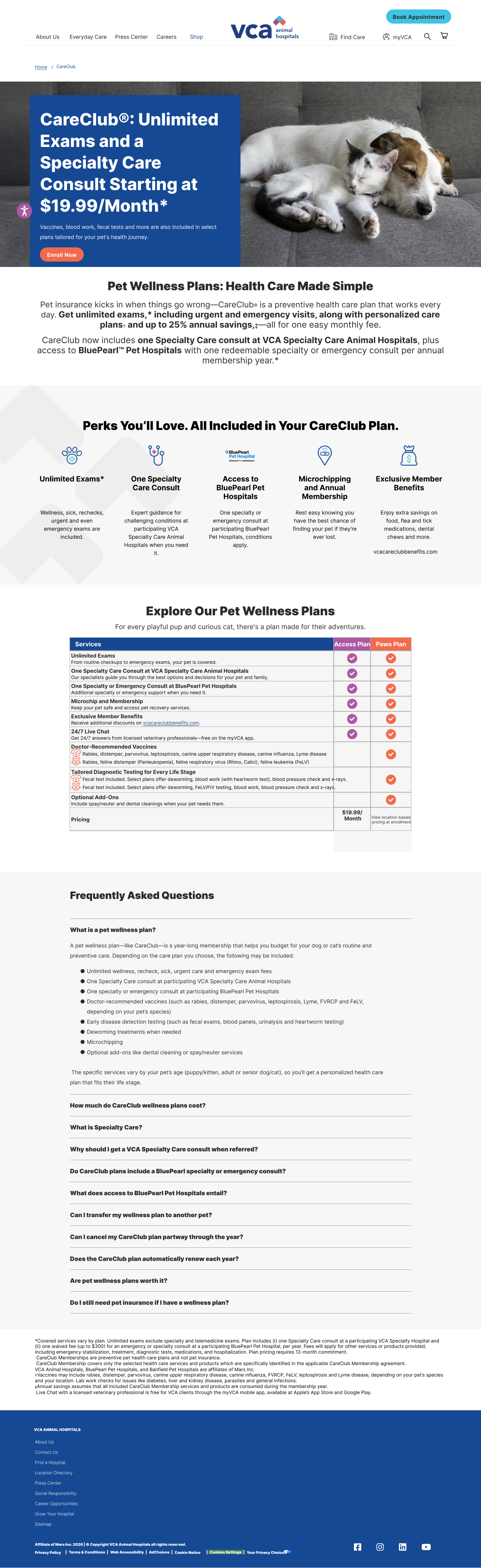 VCA CareClub wellness plans page with plan comparison table and FAQ